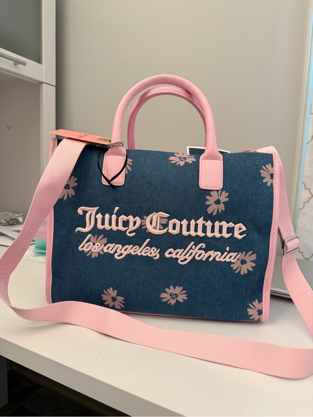 Juicy Couture Denim Satchel with Pink Trim and Floral Embroidery